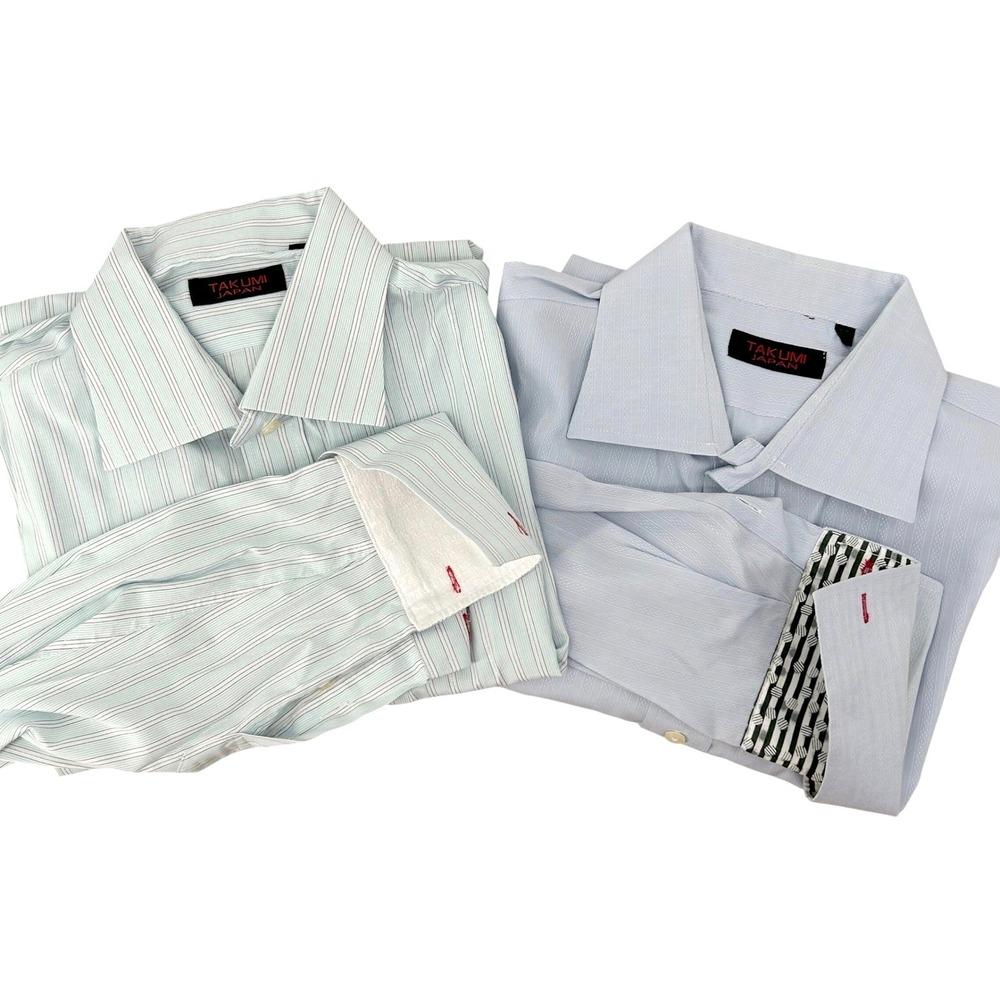 Mens Modern Lot of 2 Dress Shirts L Blue Green Stripe Contrast Cuff Takumi Japan